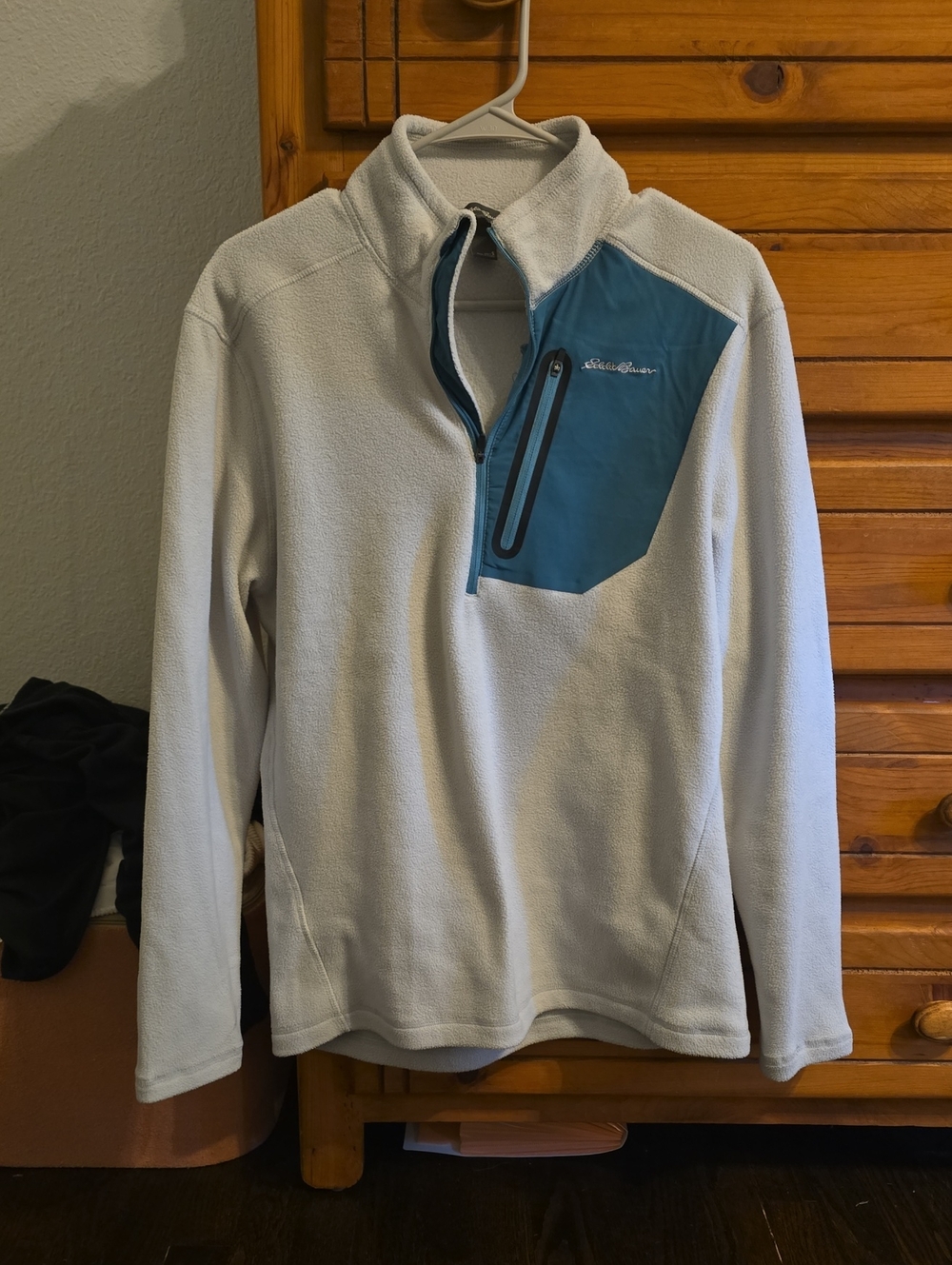 Eddie Bauer Cream Fleece Quarter-Zip with Teal Chest Panel